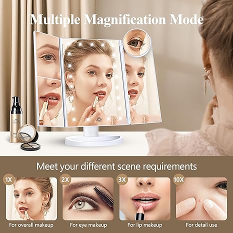3 Folds Lighted Makeup Mirror 3X/2X/1X | مرآة مكياج مضيئة ثلاثية الطي مع تكبير 3X/2X/1X